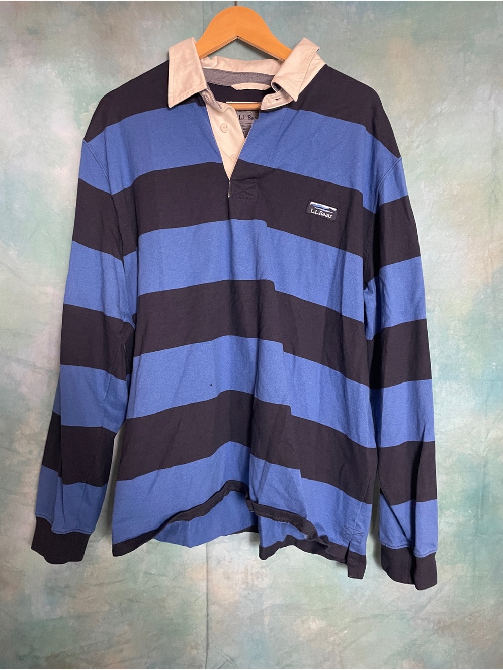 L.L. Bean Men's Blue and Black Striped Rugby Polo